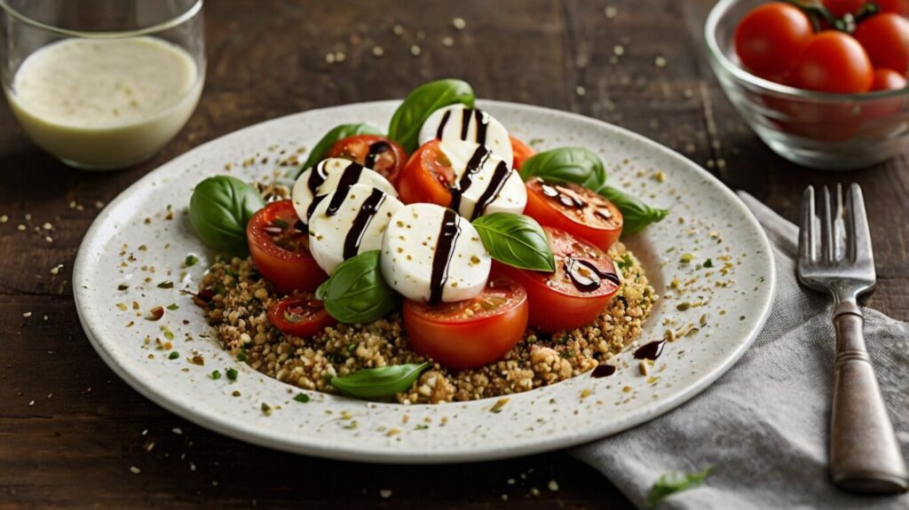 A healthy twist on the classic Caprese Salad with the addition of quinoa, offering a high-protein, gluten-free meal option.