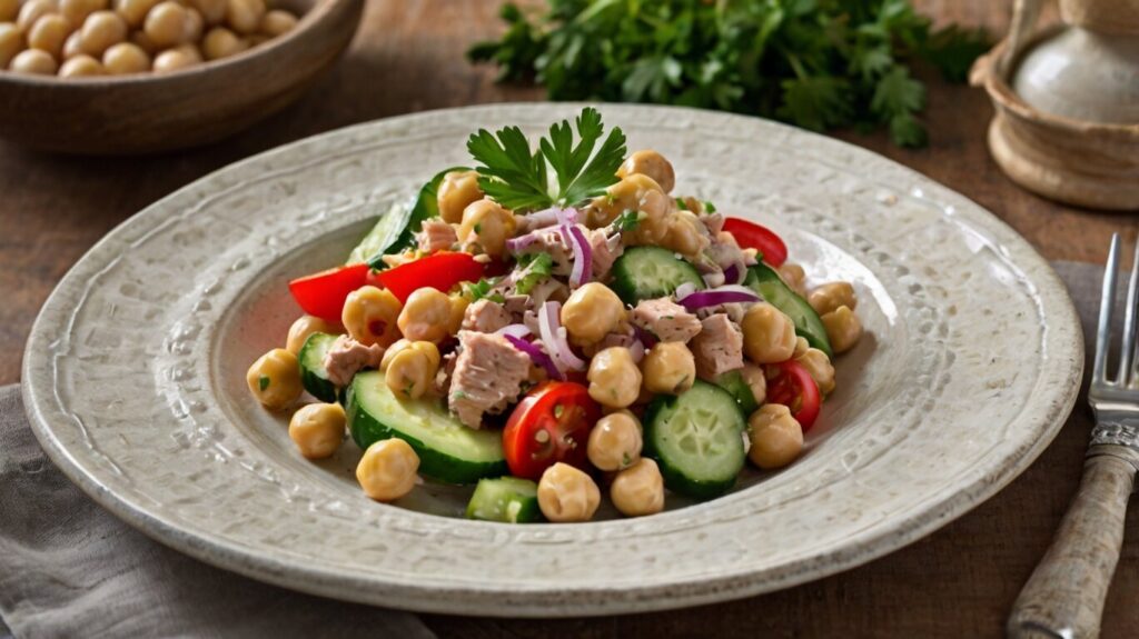 Fresh and vibrant chickpea salad with tuna: A colorful bowl of chickpea salad with tuna, featuring diced vegetables, fresh herbs, and a zesty lemon dressing. Perfect for a nutritious and satisfying meal.