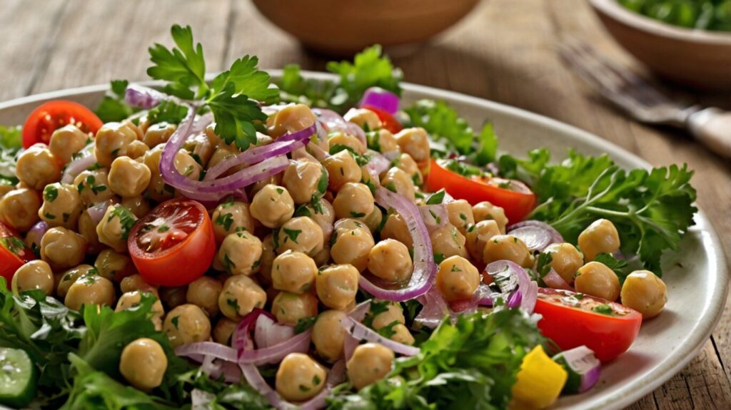 Fresh and vibrant chickpea salad with tuna: A colorful bowl of chickpea salad with tuna, featuring diced vegetables, fresh herbs, and a zesty lemon dressing. Perfect for a nutritious and satisfying meal.