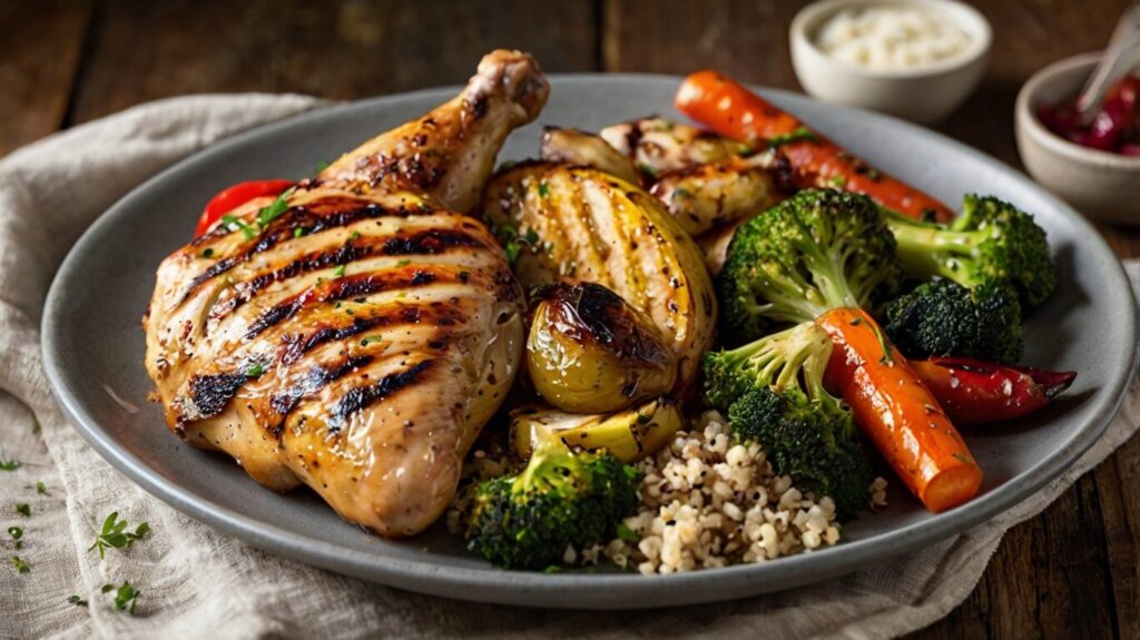 Healthy Meal Plate: A complete meal featuring grilled chicken, quinoa, and roasted vegetables, beautifully arranged on a plate. A balanced and nutritious dinner option.