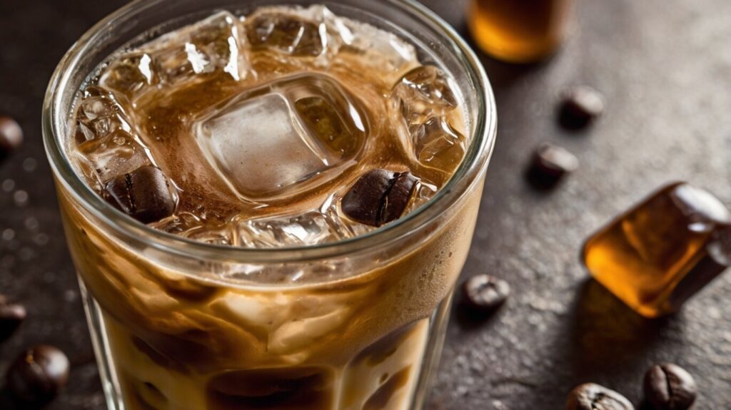 Iced Coffee with Coffee Beans: A tall glass of iced coffee with ice cubes and coffee beans scattered around. The beverage looks refreshing and ready to drink, highlighting the health benefits of iced coffee and its role in boosting energy and metabolism.