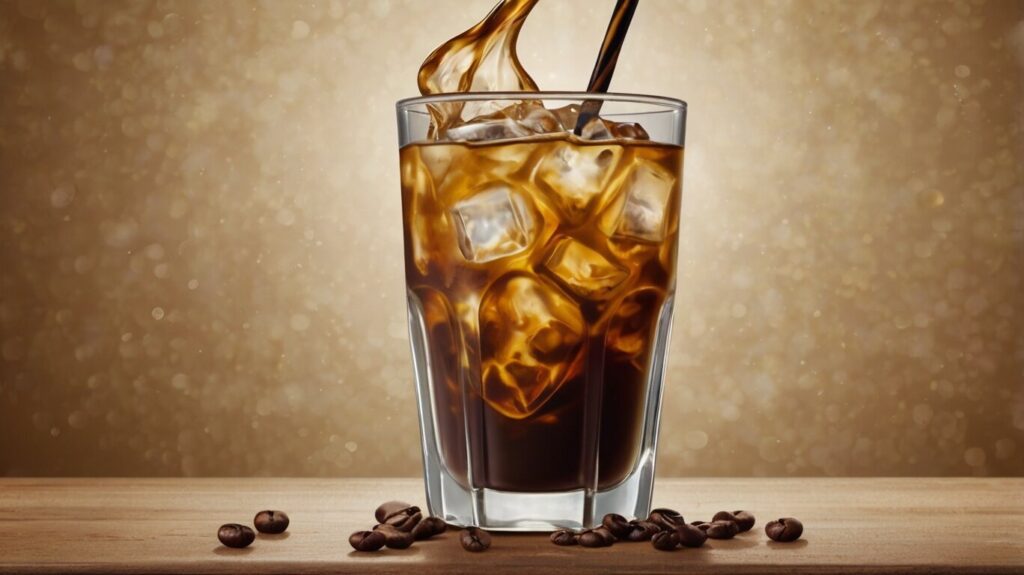 Iced Coffee with Coffee Beans: A tall glass of iced coffee with ice cubes and coffee beans scattered around. The beverage looks refreshing and ready to drink, highlighting the health benefits of iced coffee and its role in boosting energy and metabolism.