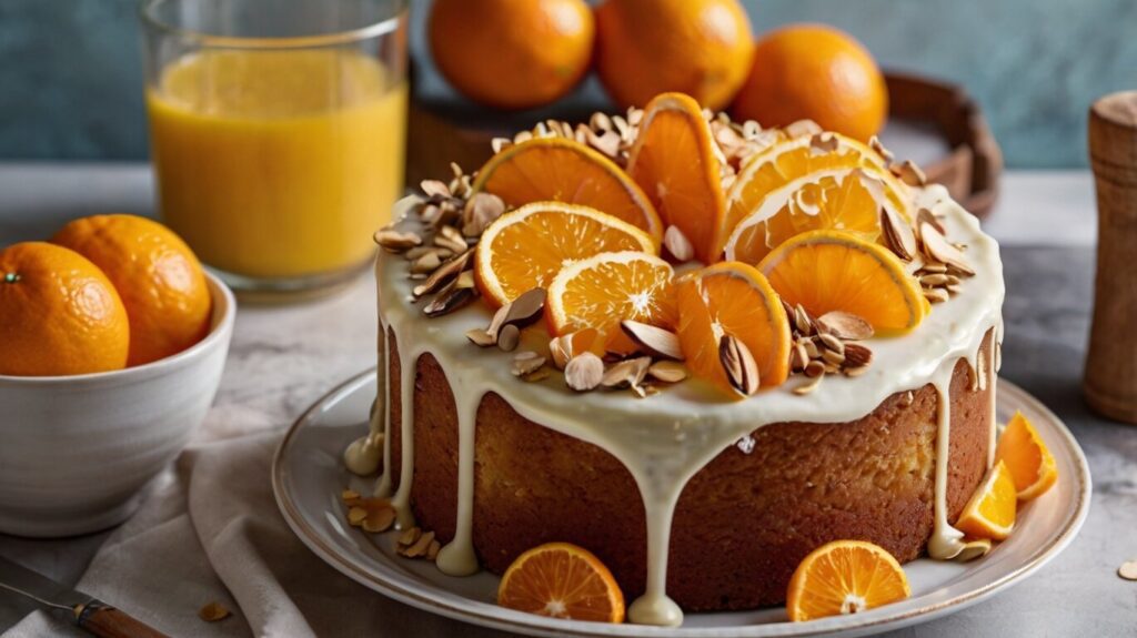 Orange Cake with Almonds: A beautifully moist orange cake topped with crunchy slivered almonds. The cake’s vibrant orange color and nutty topping create a delightful visual treat.