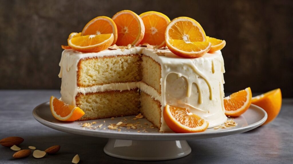 Orange Cake with Almonds: A beautifully moist orange cake topped with crunchy slivered almonds. The cake’s vibrant orange color and nutty topping create a delightful visual treat.