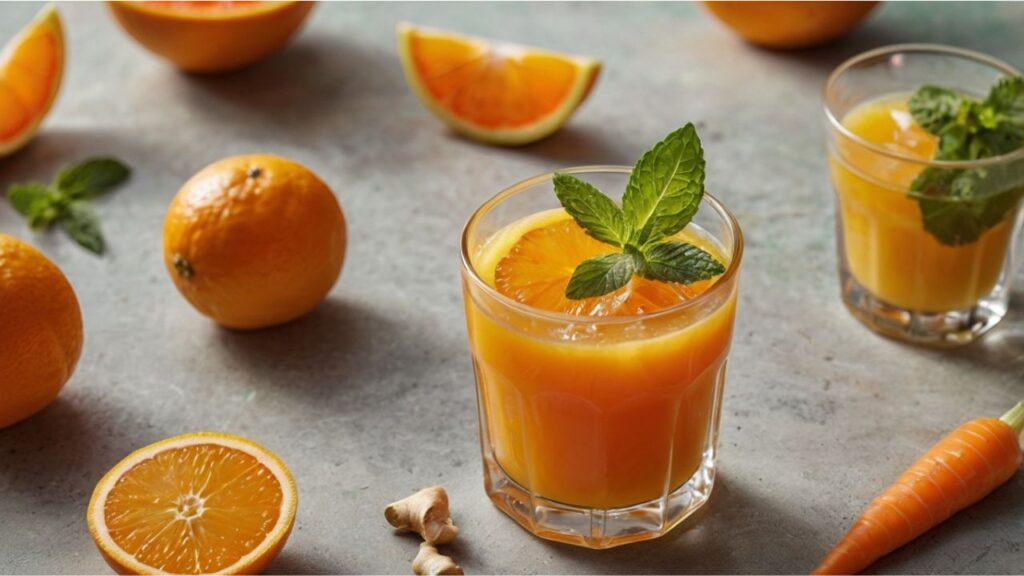 Orange Juice with Ginger and Carrot:
A vibrant glass of orange juice mixed with fresh ginger and carrot, showcasing a bright, nutritious beverage for boosting immune health.