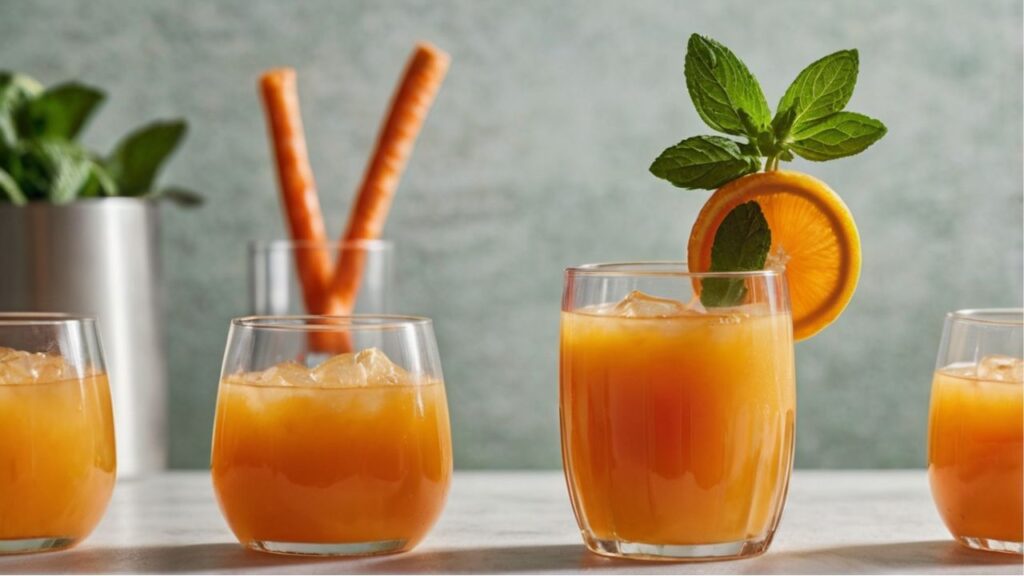 Orange Juice with Ginger and Carrot:
A vibrant glass of orange juice mixed with fresh ginger and carrot, showcasing a bright, nutritious beverage for boosting immune health.