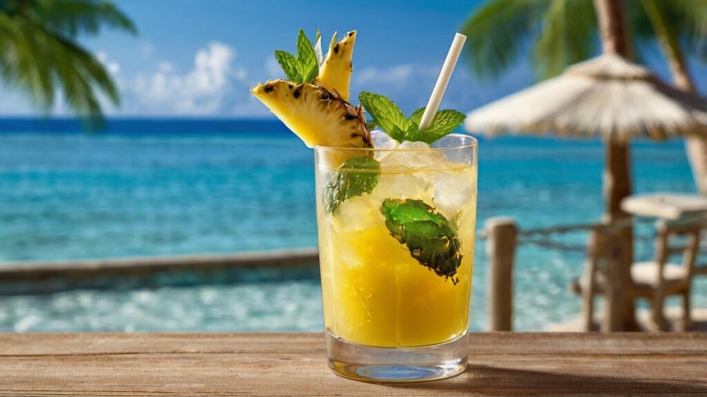 A refreshing glass of pineapple juice with fresh mint leaves, showcasing the perfect tropical blend and its vibrant colors. Pineapple Juice, Mint Drink, Tropical Beverage.