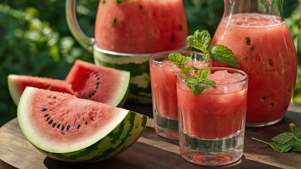 Chilled watermelon juice blended with fresh ginger served over ice, showcasing the vibrant red color and garnished with fresh herbs for a refreshing drink."