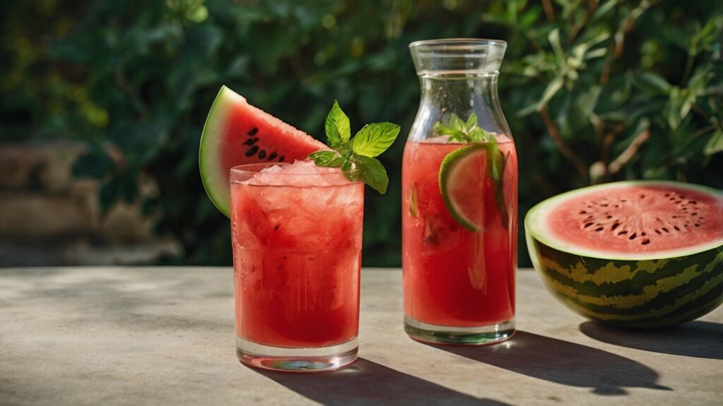 Chilled watermelon juice blended with fresh ginger served over ice, showcasing the vibrant red color and garnished with fresh herbs for a refreshing drink."