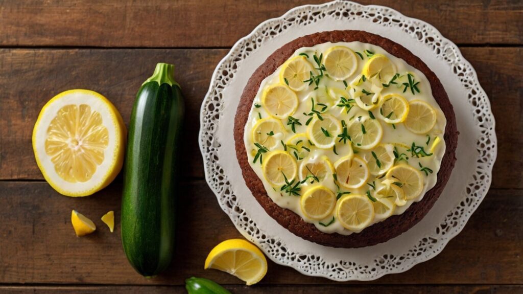 Lemon-Infused Zucchini Cake: A beautifully sliced lemon-infused zucchini cake topped with a glossy lemon glaze, showcasing its moist and fluffy texture.