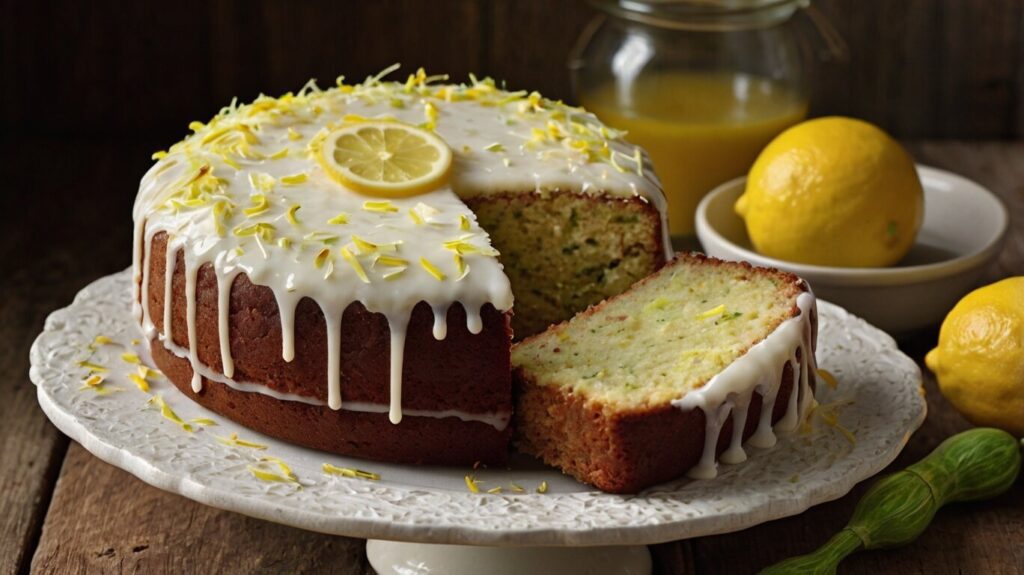 Lemon-Infused Zucchini Cake: A beautifully sliced lemon-infused zucchini cake topped with a glossy lemon glaze, showcasing its moist and fluffy texture.