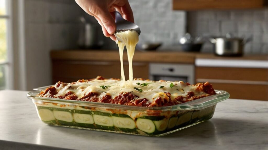 A delicious and healthy Zucchini Lasagna with layers of zucchini slices, lean ground meat, and melted cheese. Perfect for a low-calorie Italian dish.