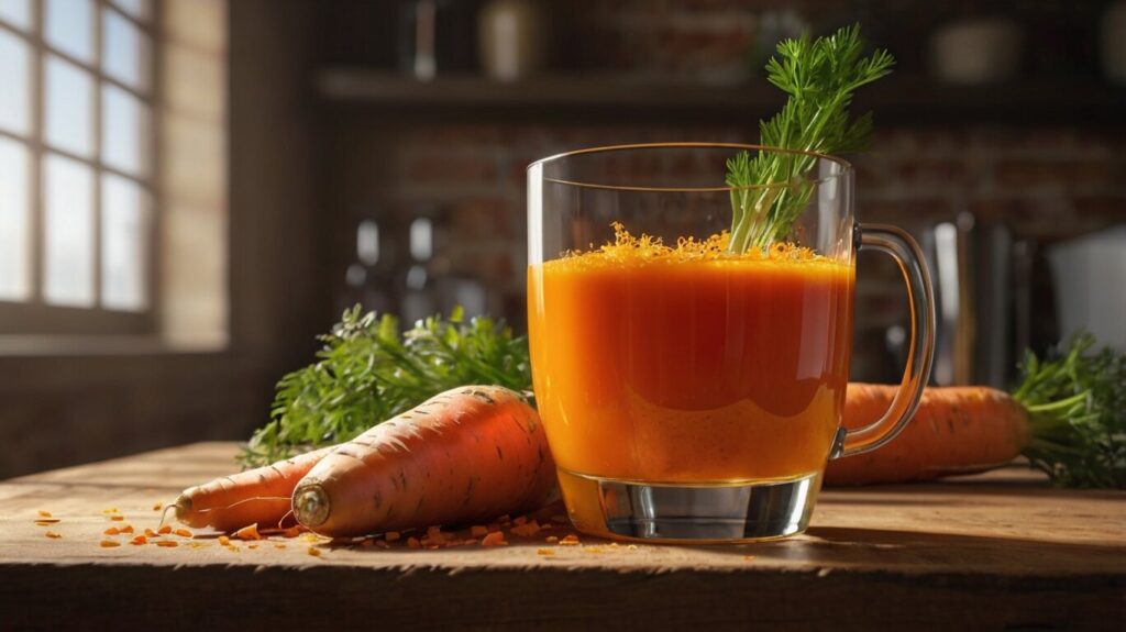 Carrot juice and ginger drink in a glass, highlighting the immune-boosting and energy-enhancing properties of this nutrient-dense beverage.