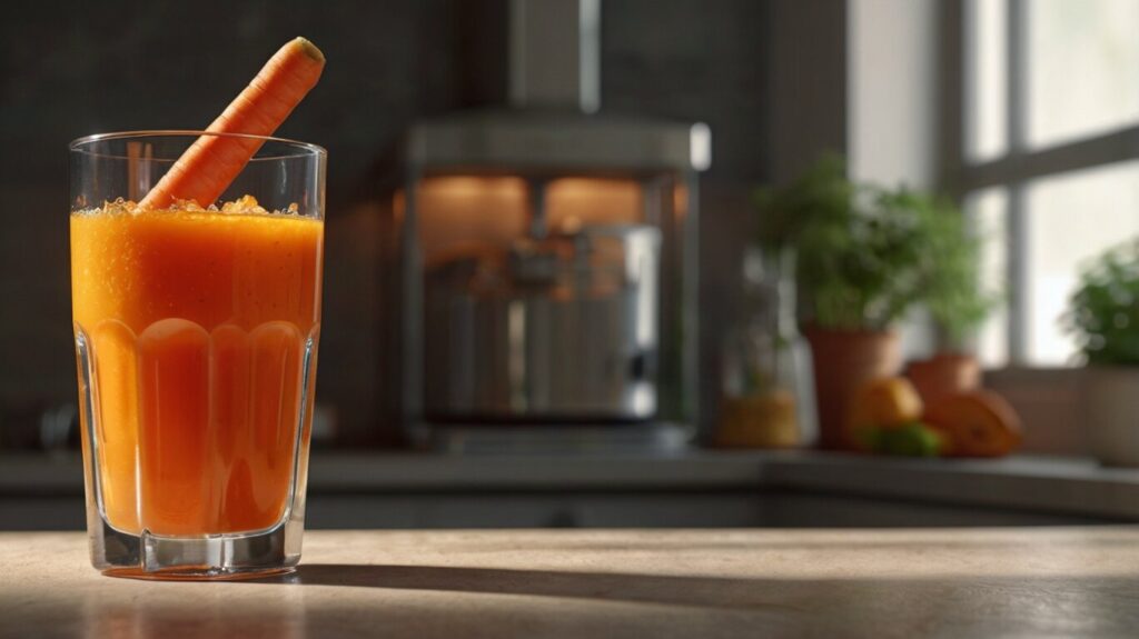 Carrot juice and ginger drink in a glass, highlighting the immune-boosting and energy-enhancing properties of this nutrient-dense beverage.